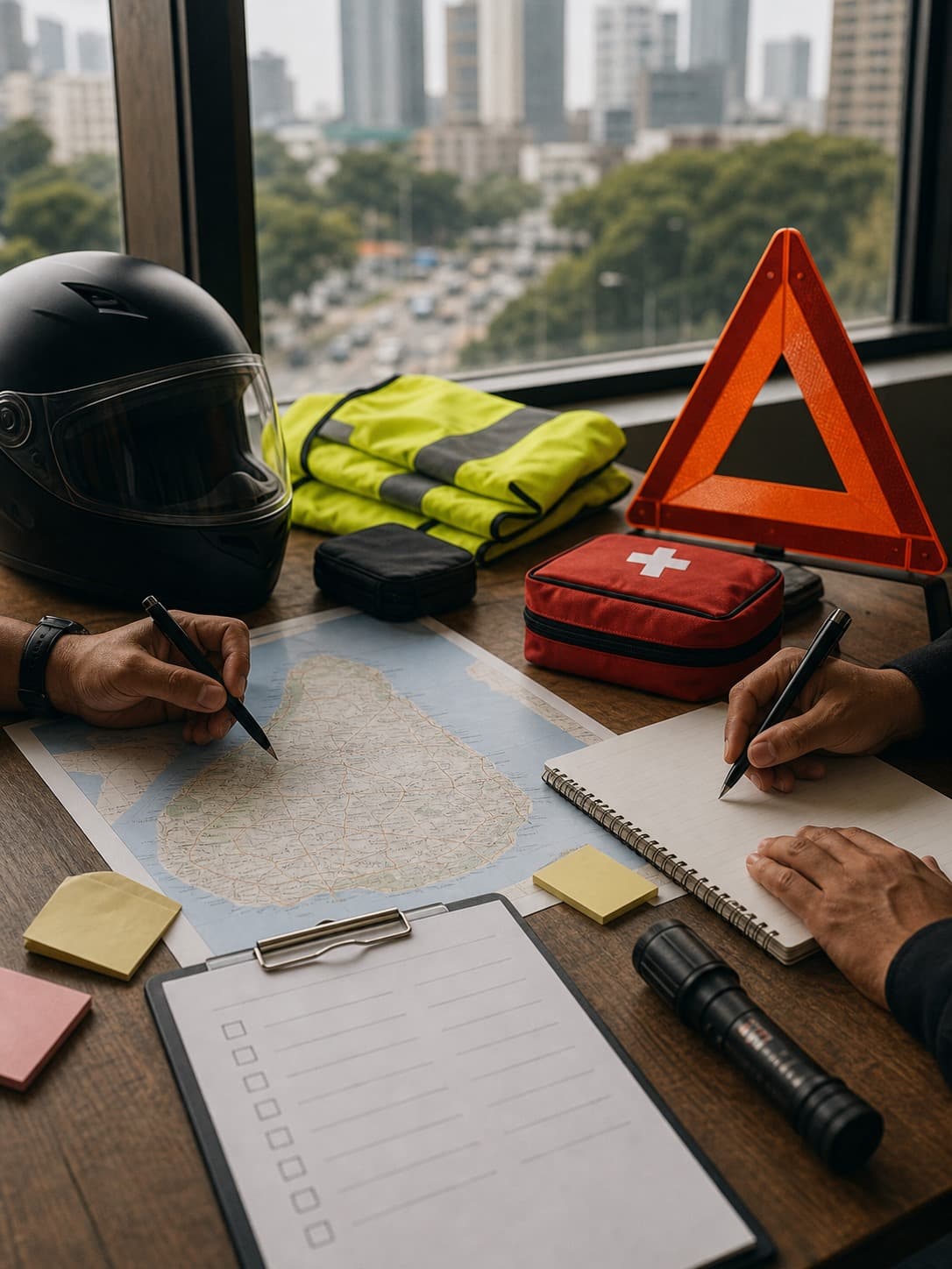 Road safety kit planning table with a helmet, reflective vest, warning triangle and first aid supplies.
