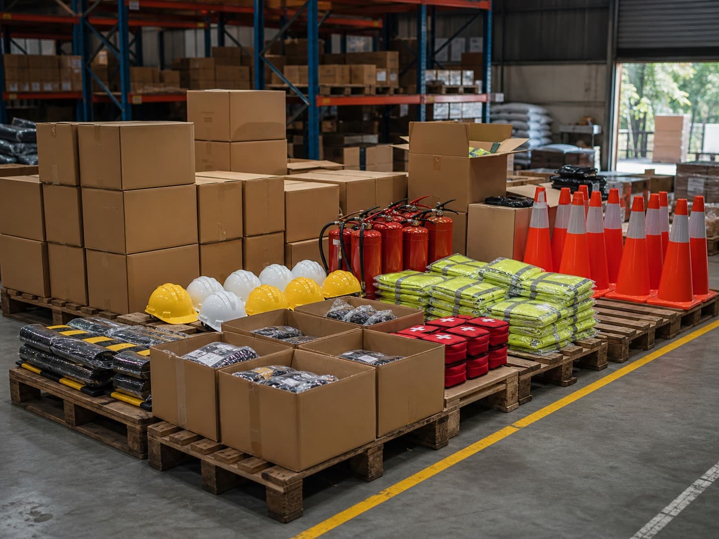 Bulk safety supply order prepared for dispatch with cartons, PPE, traffic cones and fire safety items.