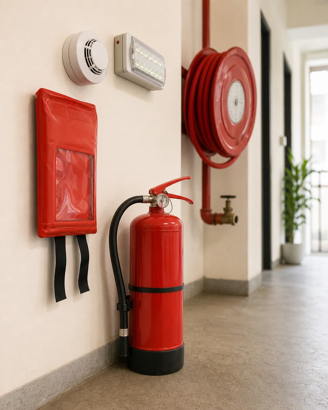 Fire safety essentials in a service corridor including extinguisher, fire blanket, smoke alarm and hose reel.