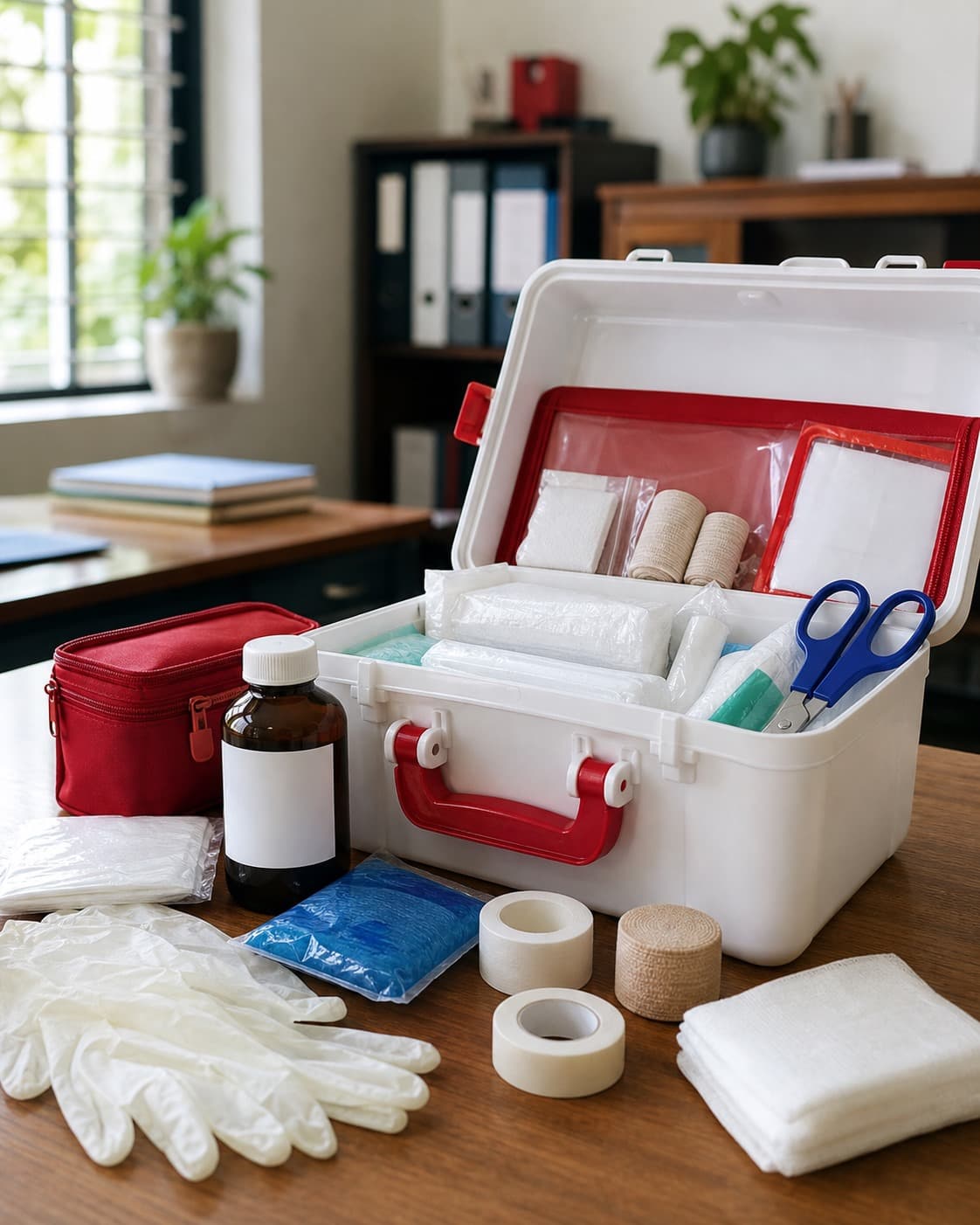 Open first aid kit with bandages, gauze, gloves, antiseptic supplies and emergency tools.