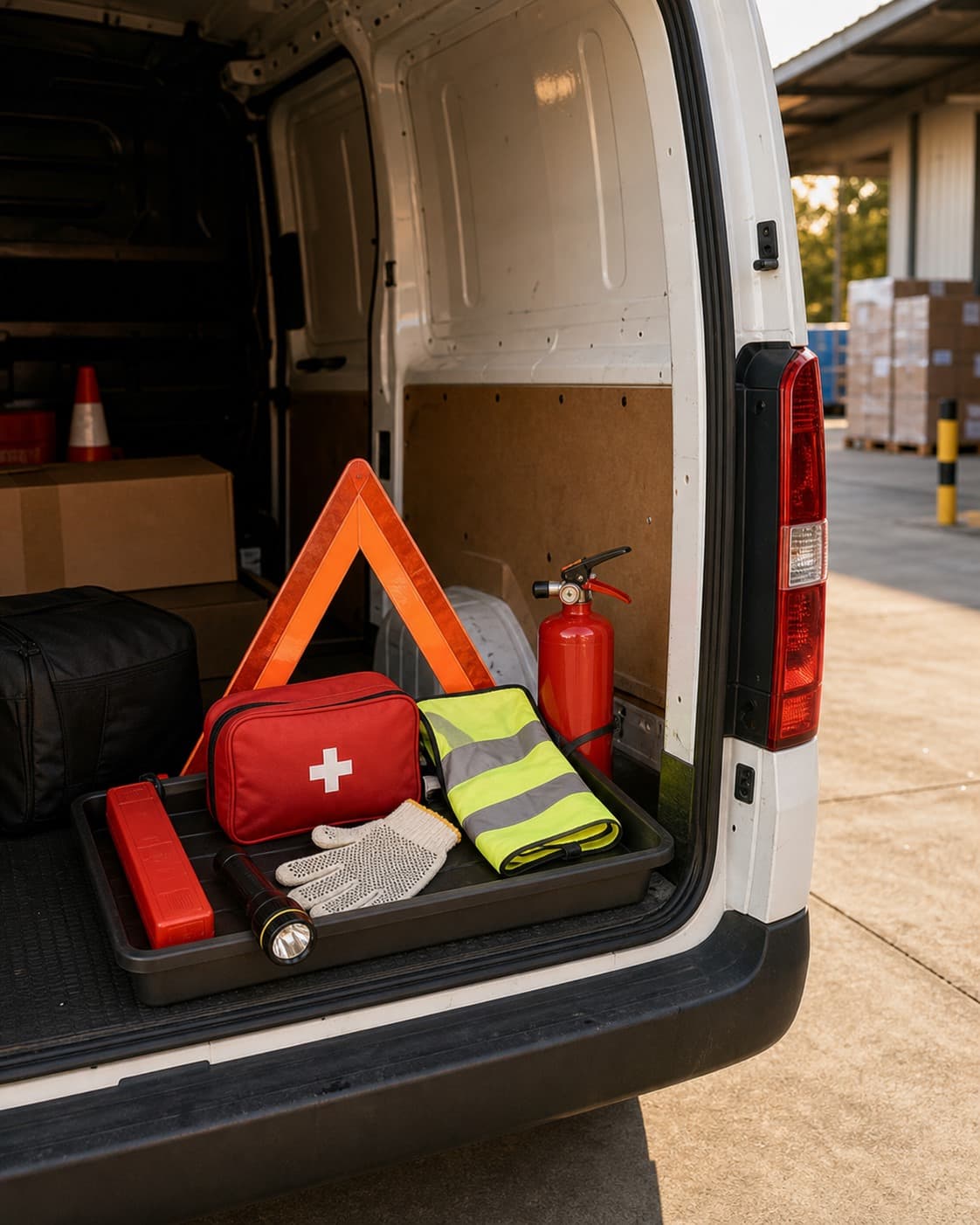 Fleet vehicle emergency supplies arranged in the open cargo area of a plain van.