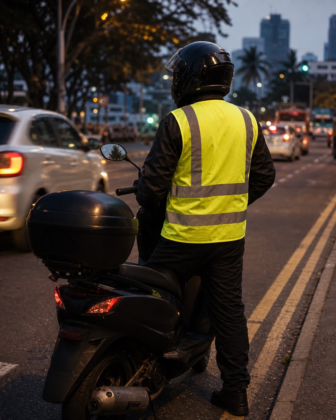 Rider in a reflective vest and helmet beside a motorcycle on a Sri Lankan city road.