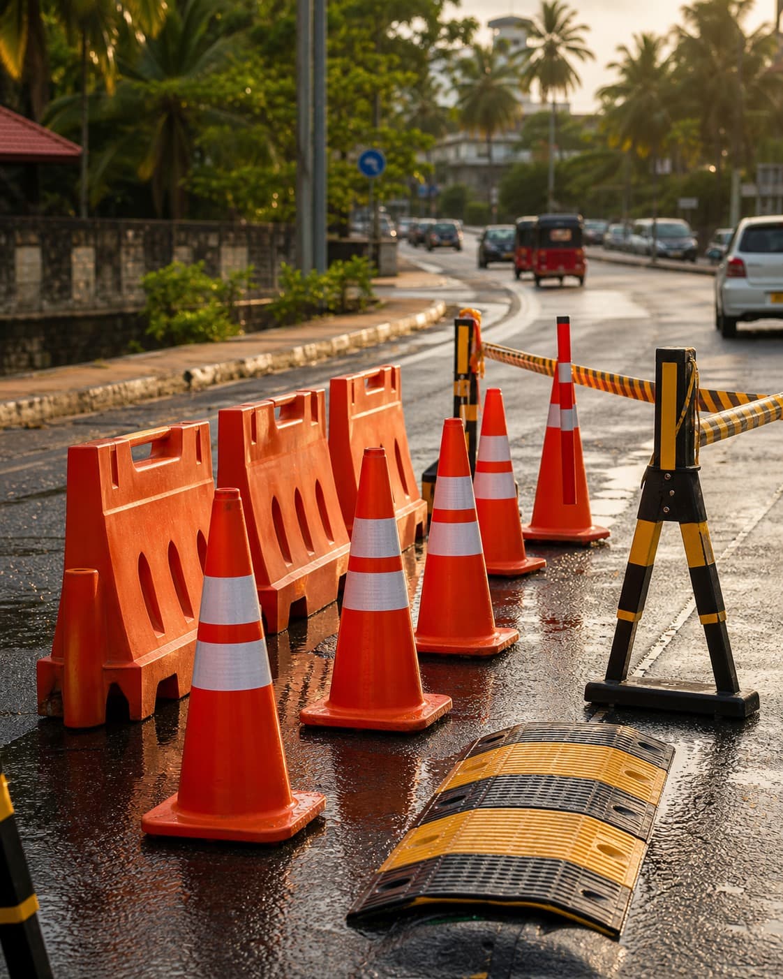 Road and traffic safety cones, barriers and speed-control supplies on a wet roadside.