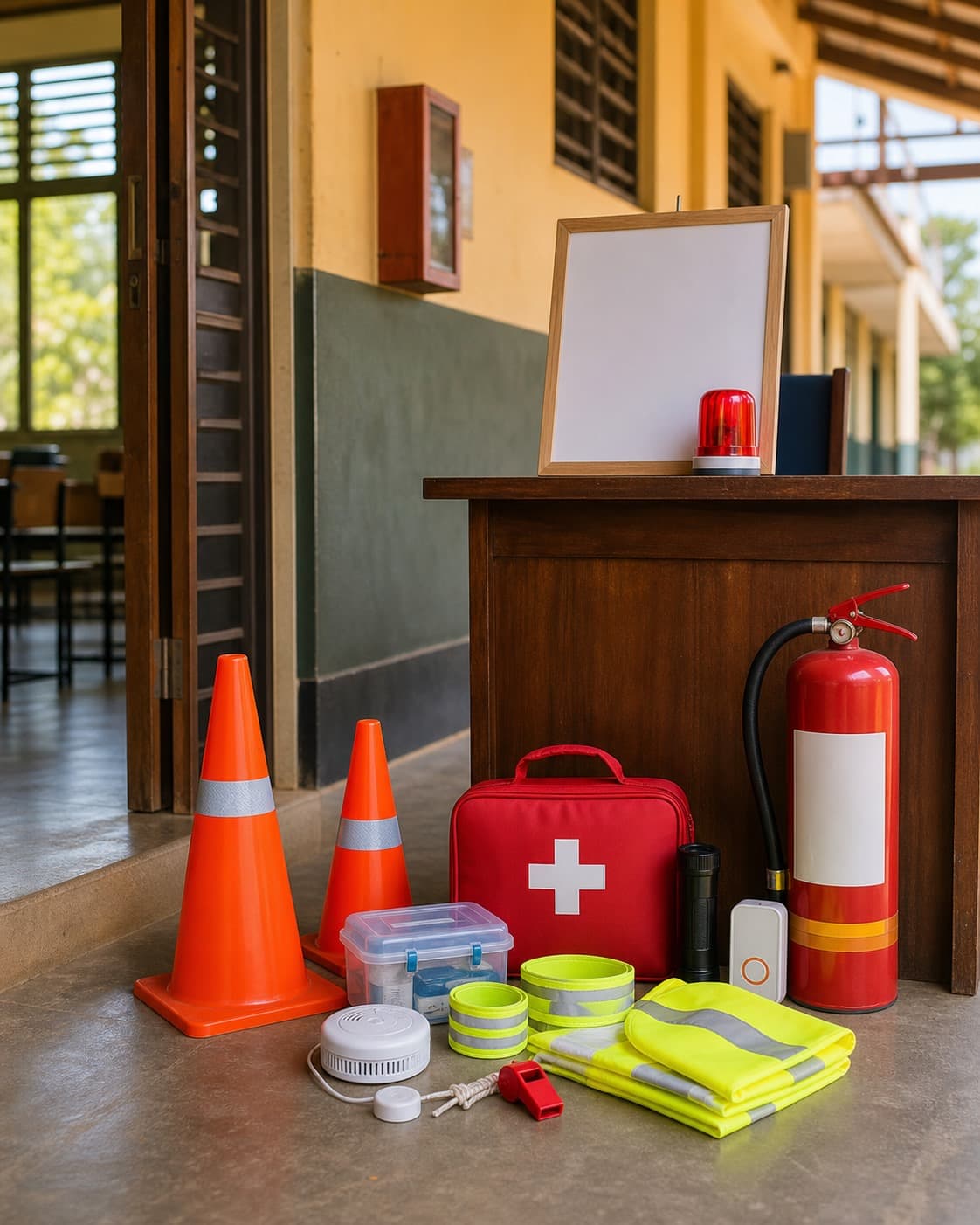 School safety supplies arranged near a school corridor with cones, first aid and fire safety items.