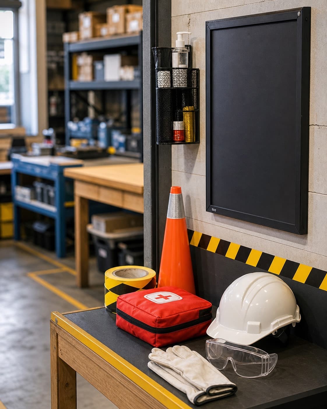 Workplace safety station with first aid, PPE, cone, floor marking and blank safety board.