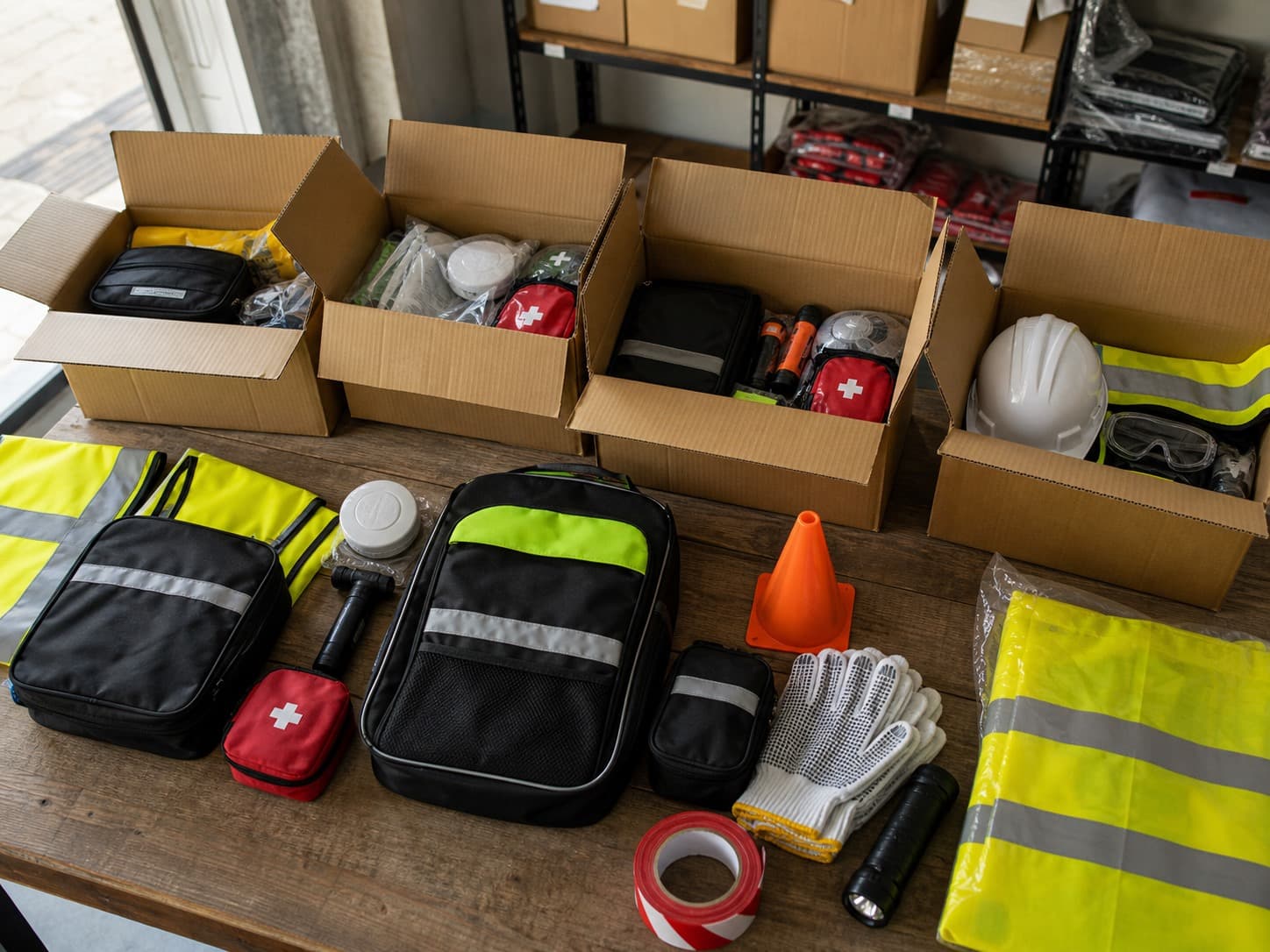 Custom safety kits being packed with reflective vests, helmets, first aid pouches and torches.