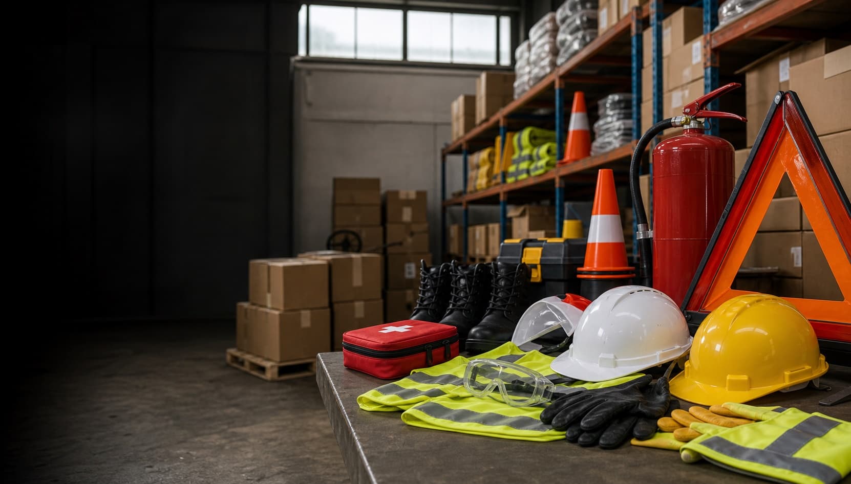 Safety supplies prepared in a Sri Lankan warehouse with PPE, fire, first aid and traffic safety stock.