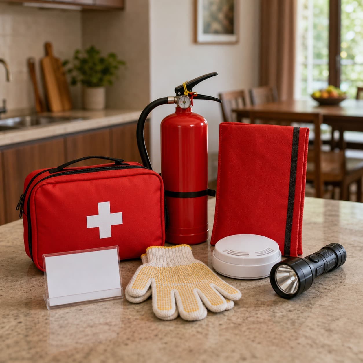 Home safety kit on a kitchen counter with first aid pouch, extinguisher, fire blanket, torch and gloves.