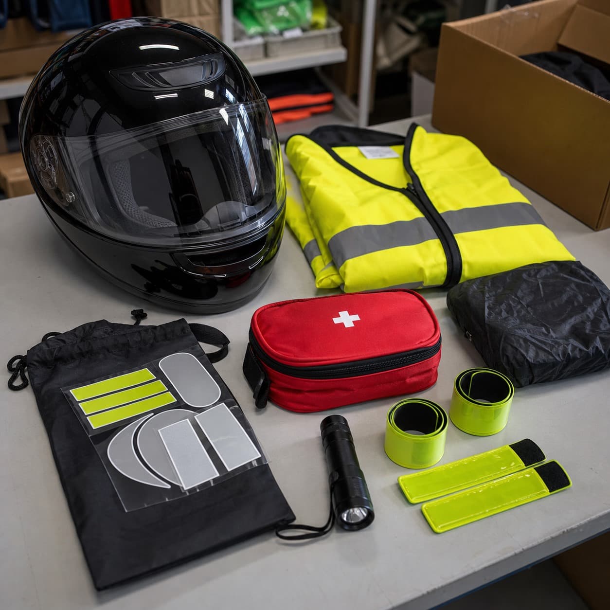 Rider safety kit with helmet, reflective vest, visibility bands, torch and mini first aid pouch.